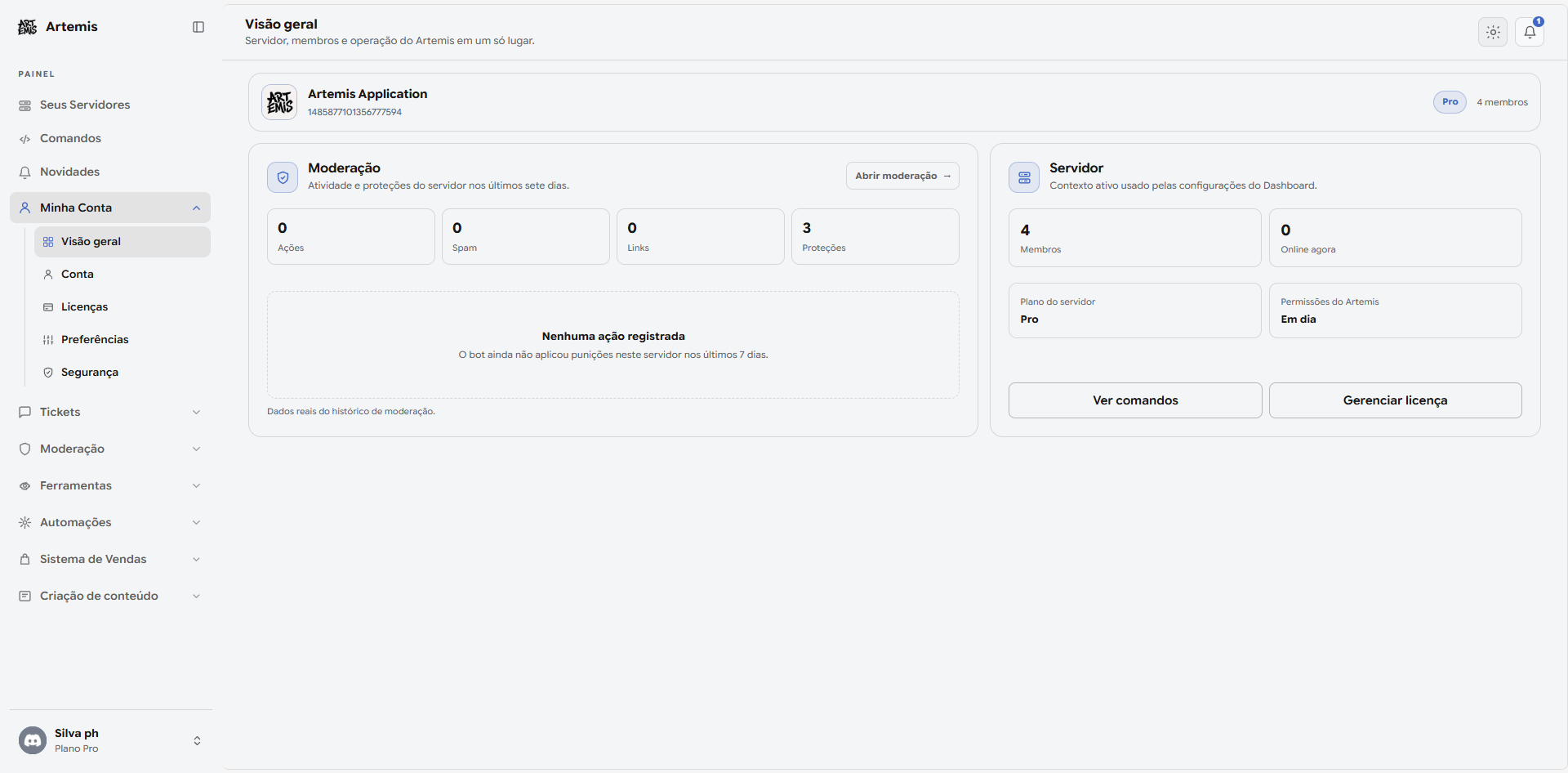 Dashboard de Licenças do Artemis no tema claro