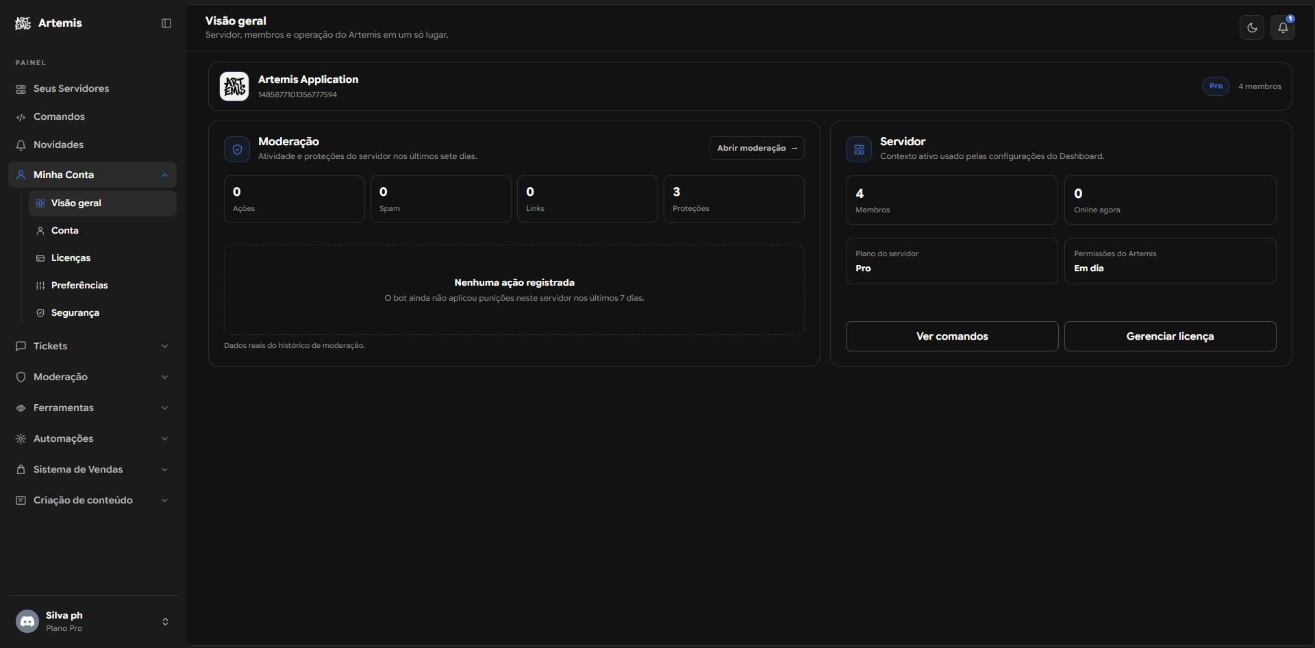 Dashboard de Licenças do Artemis com plano, servidores vinculados, cobrança e histórico de faturas